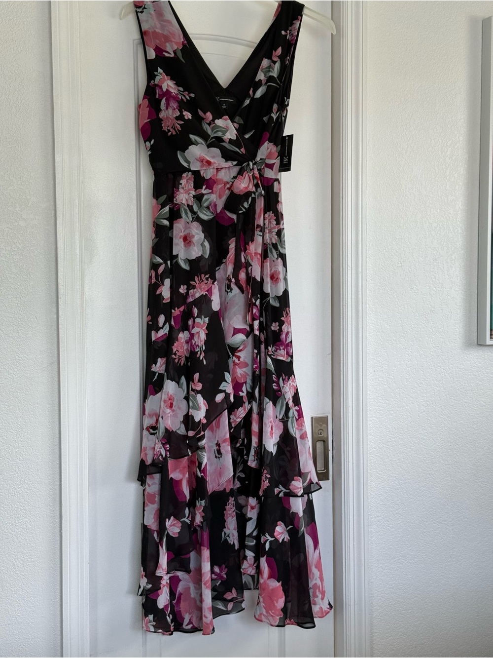 INC International Concepts Black Floral Wrap Maxi with Pink Blooms